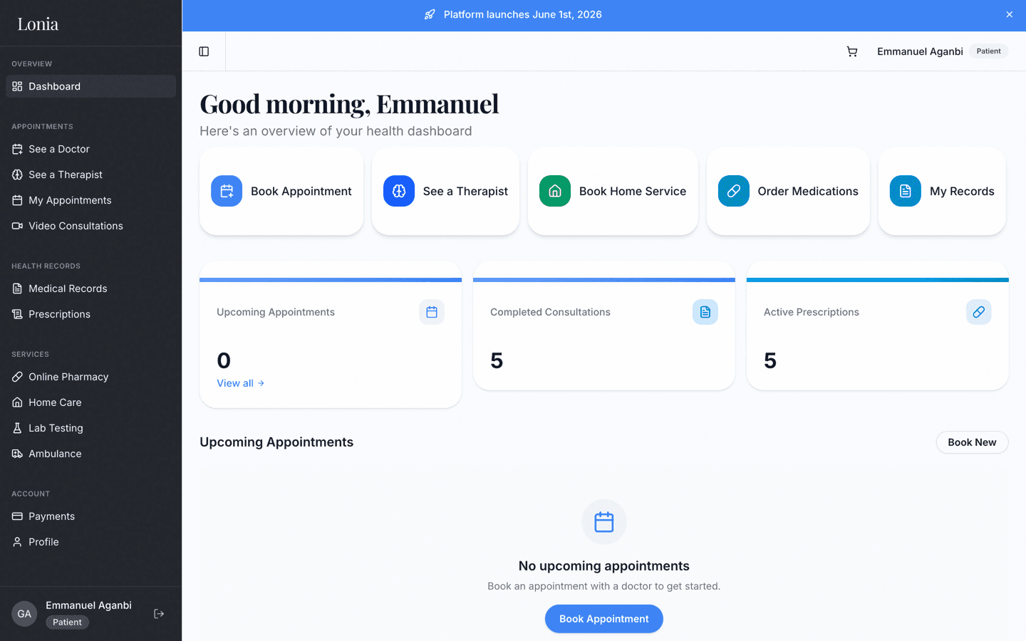 Lonia patient dashboard showing appointment booking, pharmacy, and health records